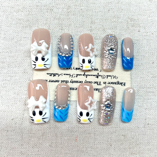 10pcs nail art cartoon cute cat hollow nail decoration with diamond alloy nail art Press On Nails