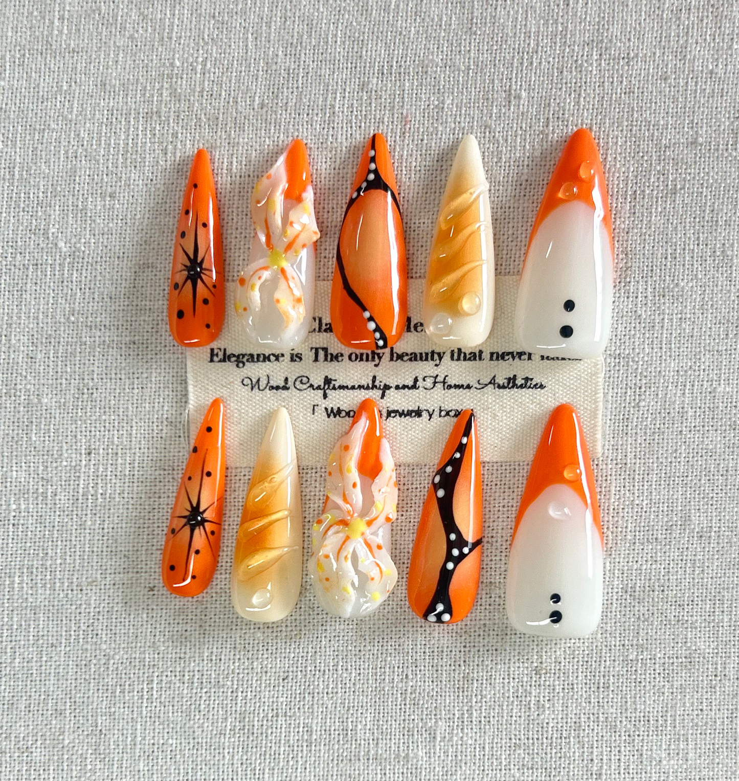 10pcs handmade Press On Nails carved with elegant texture, pointed and long style