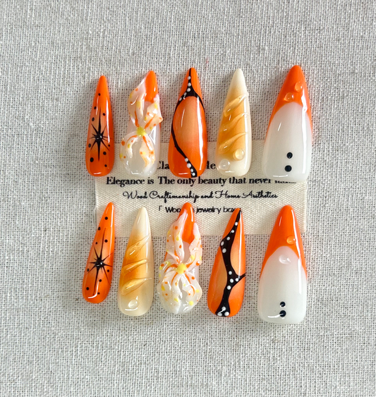 10pcs handmade Press On Nails carved with elegant texture, pointed and long style