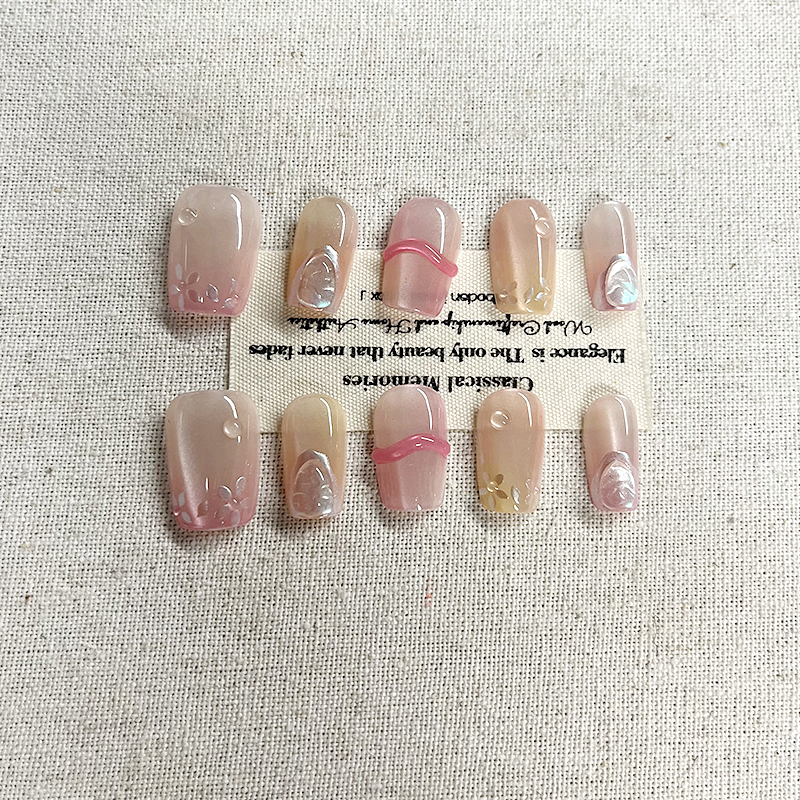 Summer Sweet Girl Hand drawn Press on Nails Bare Pink Glitter Nail Art Pure Handmade Ins Whitening Nail Art