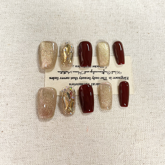 Amy Press on nails finished product, high-end retro brown cat eye fake nail patch, with a white temperament, pure handmade customized nail plate