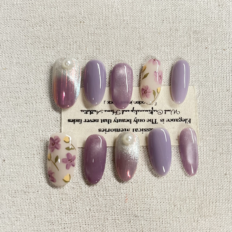 Glass Purple Gentle Handmade Press on nails Premium Silk Cat Eye Nail Phototherapy Detachable