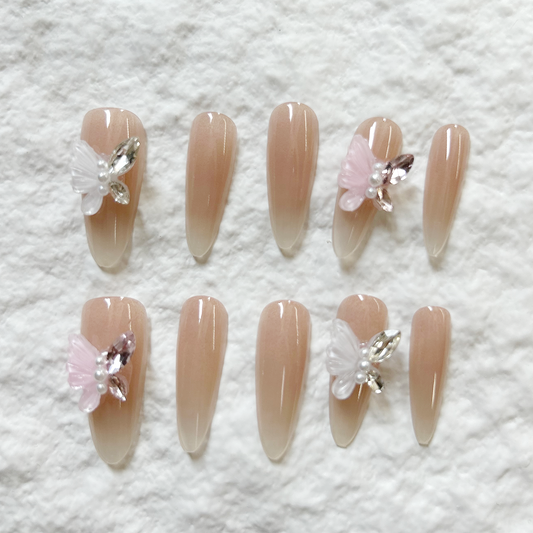 Pearl Bicolor Butterfly Manual Press On Nails Aurora Drill powder blusher Nail Enhancement Nail Pieces 10 Pieces