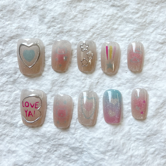 Fine flash cat eye powder blusher short Press On Nails three-dimensional silver love nail patch cat cute cartoon nails 10 pieces