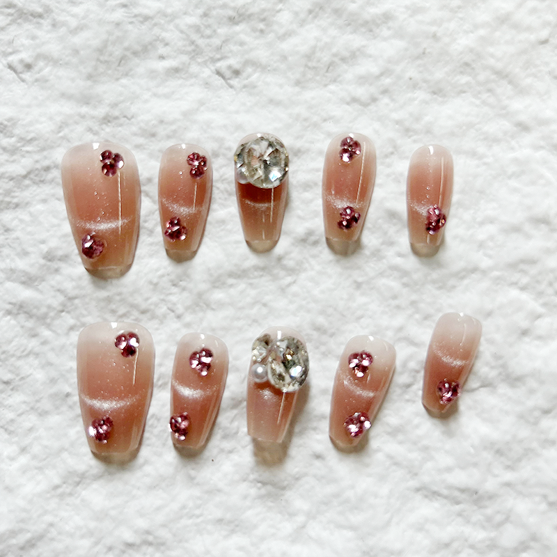 Ice Penetrating Pure Girls' Hand made Press On Nails Ice Crystal Rich Family Daughter Tender powder blusher Manicure Cat's Eye 10 Piece Package