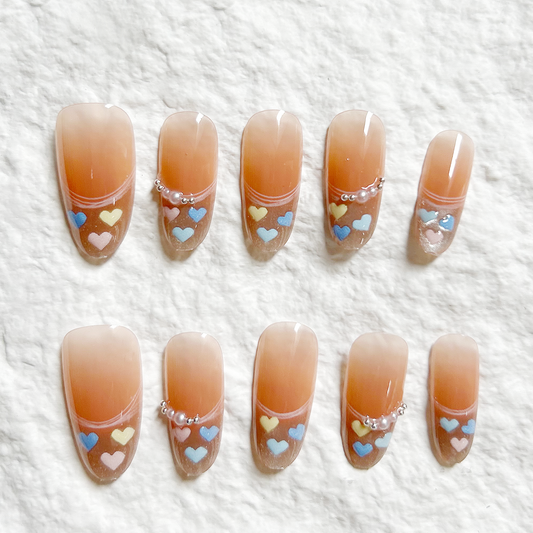 Press On Nails Premium Handmade Nail Flakes French Love Pearl Sweet Cool Style Fake 10 Piece Set
