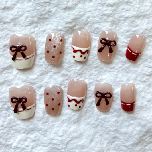 Coffee Bow Press On Nails Detachable French New Nail Whitening Finished Product Premium Nail Patch 10 Piece Set