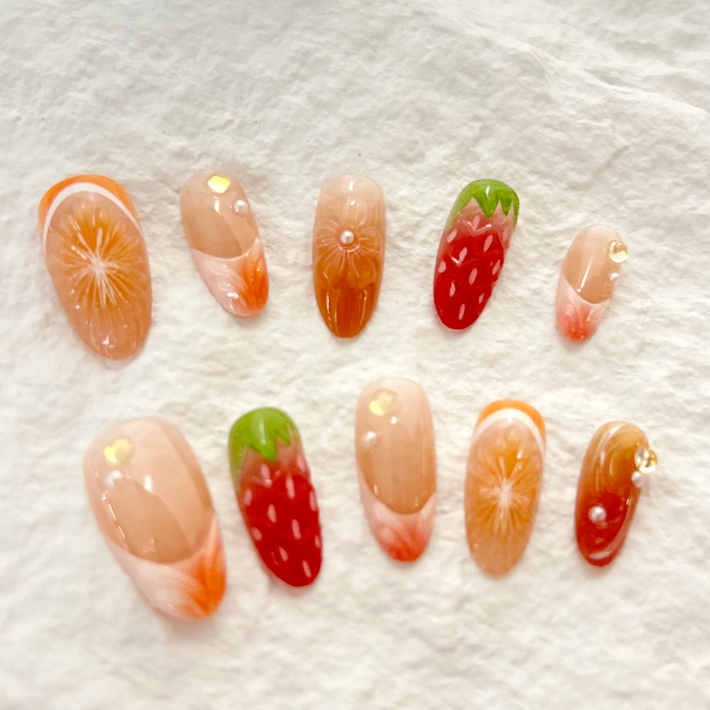 Summer Orange Soda Short Almond Embossed Petal 3D French Style powder blusher Cat's Eye Press On Nails Patch 10 Pieces