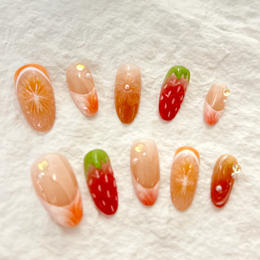 Summer Orange Soda Short Almond Embossed Petal 3D French Style powder blusher Cat's Eye Press On Nails Patch 10 Pieces
