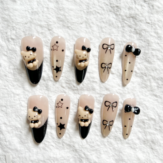 Long black Press On Nails finished product, detachable nail stickers, nail stickers, cute cat 10 pieces set