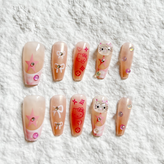 Cute KT Cat Press On Nails New Long Nail Art Handmade Fake Nail Stickers 10 Piece Set