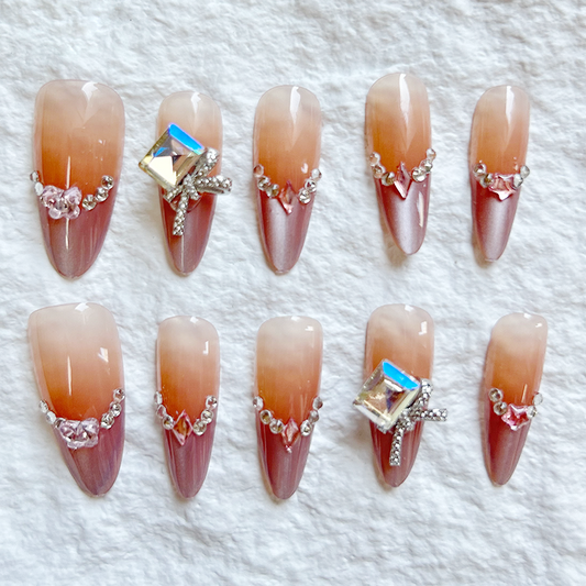 Rich heiress shines with high-end French cat eye Press On Nails pink diamond princess nail art pieces, finished fake nails, 10 pieces set