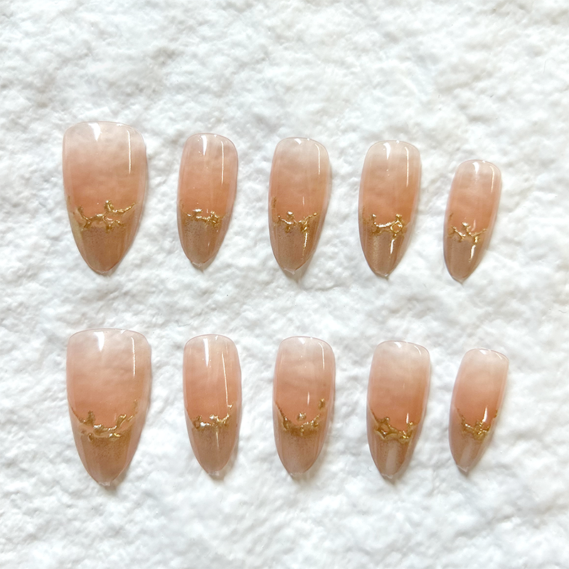 Handmade Press On Nails with minimalist style, mid to long nail art in nude color, hand-painted French cat eye whitening nail patches, 10 pieces set