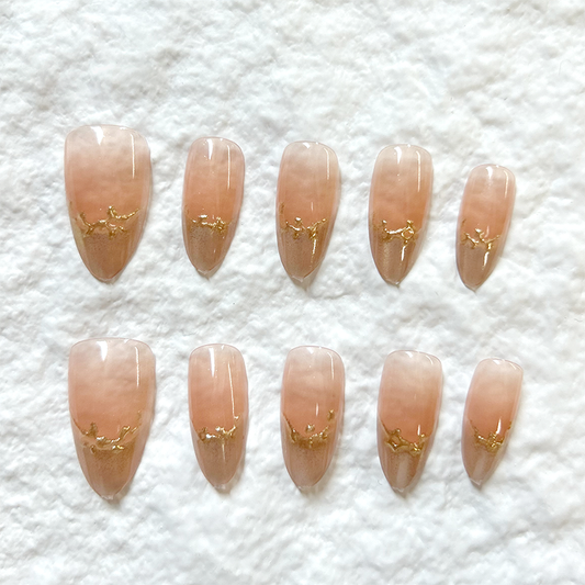Handmade Press On Nails with minimalist style, mid to long nail art in nude color, hand-painted French cat eye whitening nail patches, 10 pieces set