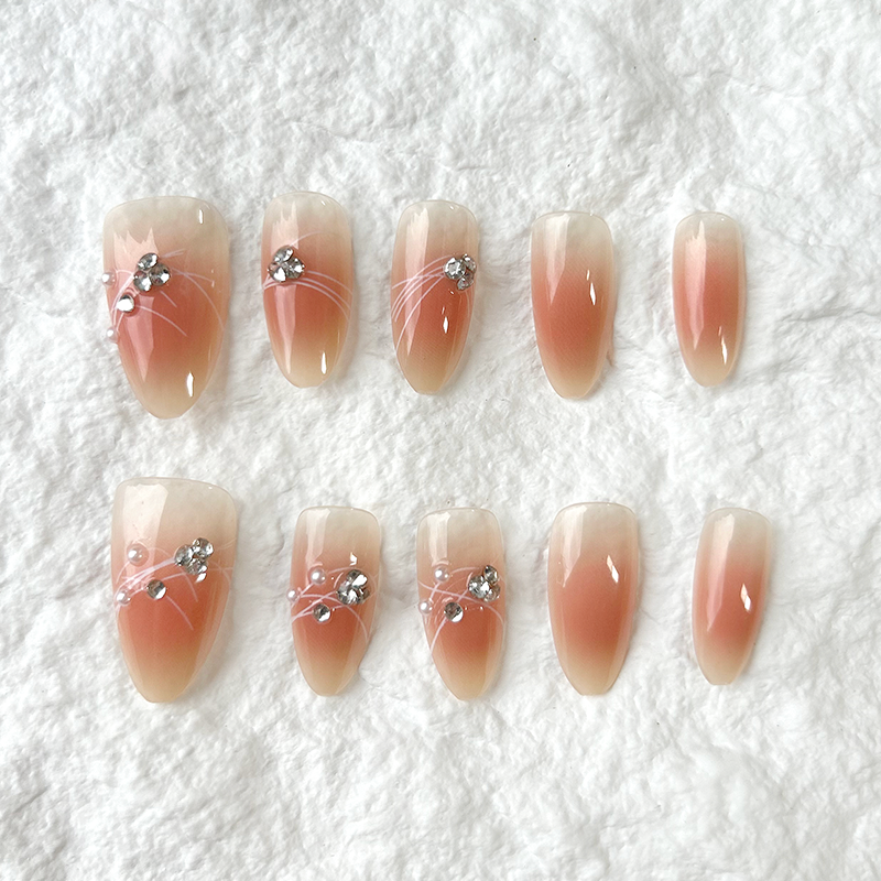 Handmade Press On Nails powder blusher line broken diamond pure nude color medium fingernails advanced whitening 10 piece package