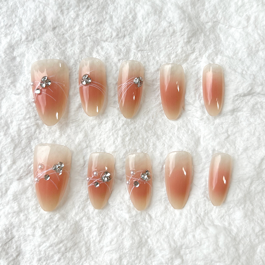 Handmade Press On Nails powder blusher line broken diamond pure nude color medium fingernails advanced whitening 10 piece package