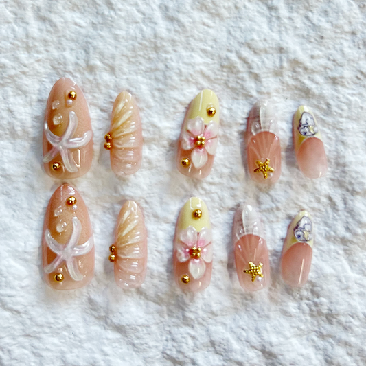 European and American Press On Nails Handmade Shell Relief Ocean Short Style Gentle Whitening Hand drawn Pearl Nail Art 10 Piece Set
