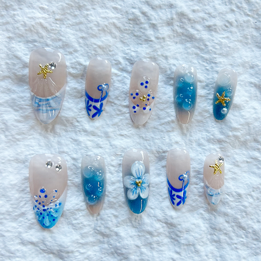 Sea Salt Milk Blue Summer Flower Language New Fragrant 3D Flower Shell Beach Fresh Handmade Press On Nails Light Luxury 10 Piece Set