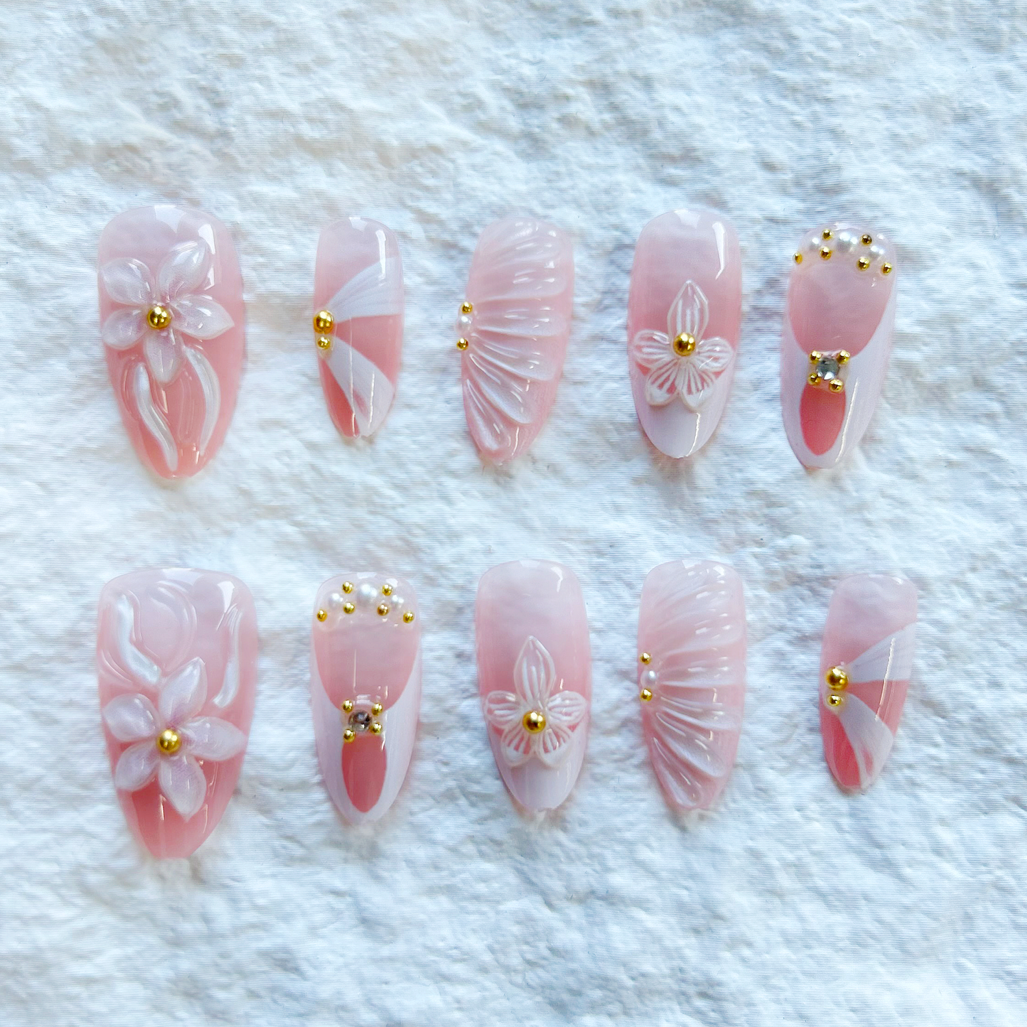 10psc3D Sweet Pink Flower Almond Press on False Nails with