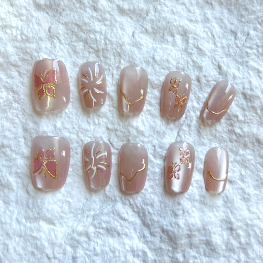 Golden Butterfly Press On Nails Exquisite Gilded Cat Eyes Sweet Naked Color Ice Transparent Pure Desire Wind Nail Products Detachable 10 Pieces