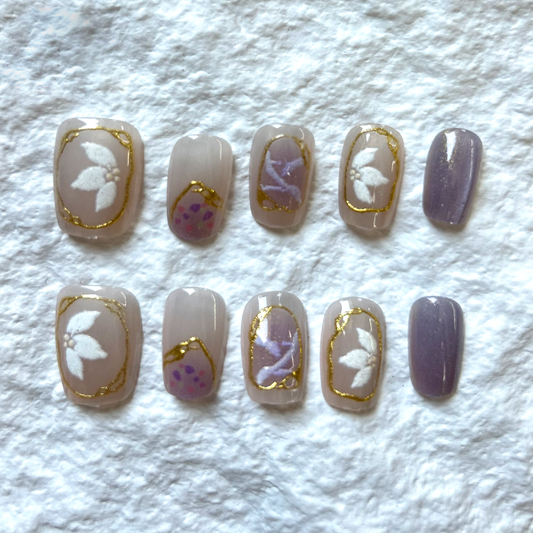 3D gilded taro mud dreamy purple cat eye Press On Nails flower gentle and sweet nail patch, removable 10 pieces