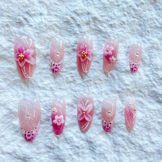 Pink gradient white female waterdrop effect 3D carved Press On Nails 10 pieces