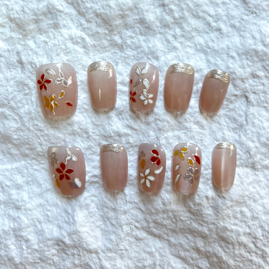 Golden Branch Flower Xi Press On Nails Short Style Advanced Whitening Nail Art Short Style Handmade Nail Flakes French Detachable 10 Pieces