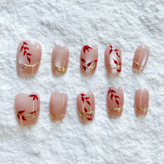 Bare Pink Small Floral Nail Art Press On Nails Semi Handmade Gold Bamboo Cat Eye Wear Detachable Advanced White Glitter 10 Pieces