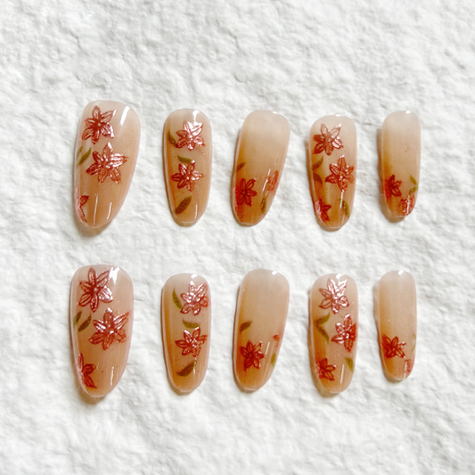 [Retro Carving] Republic of China style Press On Nails nail patch with hot stamping small flower cat eye fake nails, removable 10 pieces