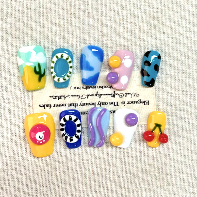 10pcs New MMBean Spring/Summer Dopamine Color Wave Dot Nail Whitening Press On Nails Pure Handmade Premium Feeling