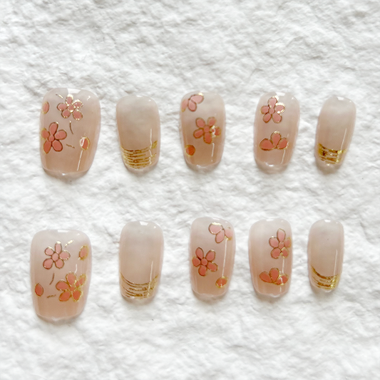 Golden Branches, Flower Blossoms, Cherry Blossoms, Press On Nails Short Style, Advanced Whitening Appearance, French Half Handmade Armor, Detachable 10 Pieces