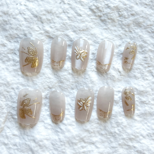 Naked gold-plated wealth attracting butterfly cat eyes wearing new nail art patches, finished products appear white, high-end nails, detachable nail removal pieces, 10 pieces