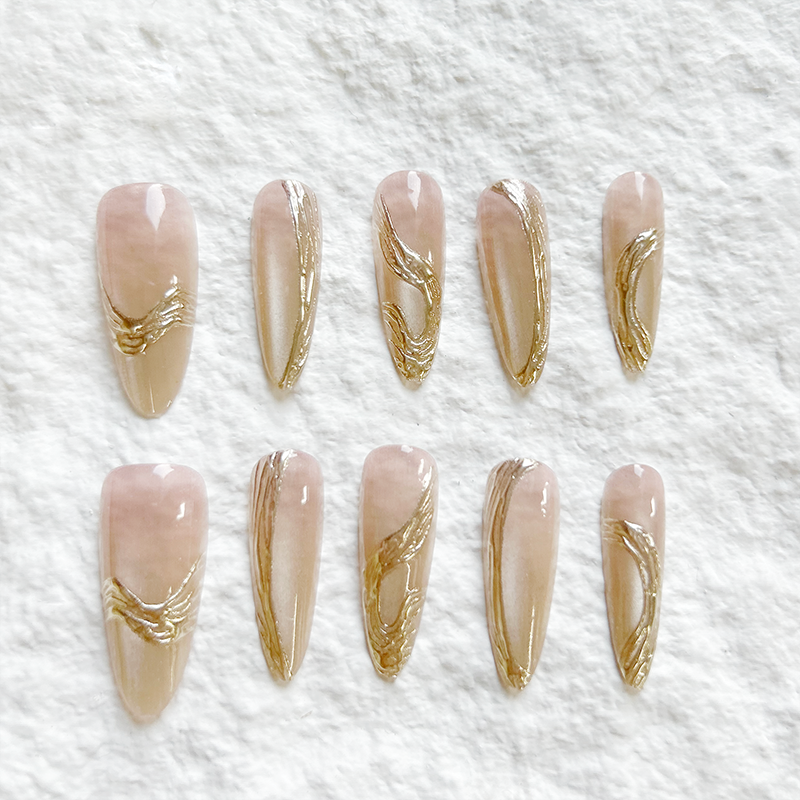 Nail art with gold branches, jade leaves, hot stamping leaves, Press On Nails decoration, 10 pieces