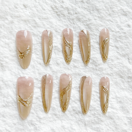 Nail art with gold branches, jade leaves, hot stamping leaves, Press On Nails decoration, 10 pieces