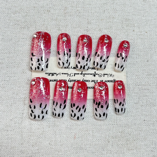 10pcs Heavy Industry Pink Zircon Leopard Nail Press On Nails Sparkling Diamond Pure Hand drawn Gradient French