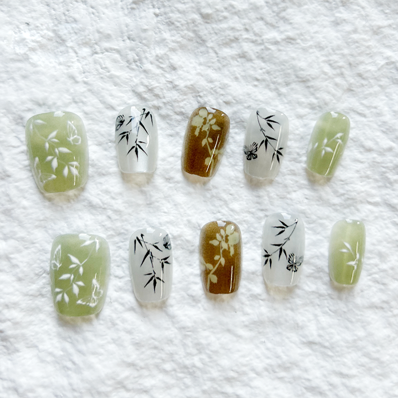 10pcs Dance Bamboo Grove Spring Mountain Bamboo Premium Chinese Style Cat Eye New Chinese Nail Press On Nails