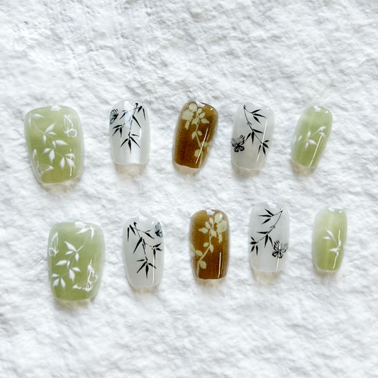 10pcs Dance Bamboo Grove Spring Mountain Bamboo Premium Chinese Style Cat Eye New Chinese Nail Press On Nails