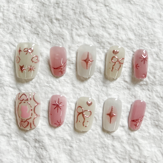 10pcs Dreamy Pink Cat Ultra Short Ladder Star Bow Cute Tender Pink Cat Eye Gilded Press On Nails Patch 30 pieces