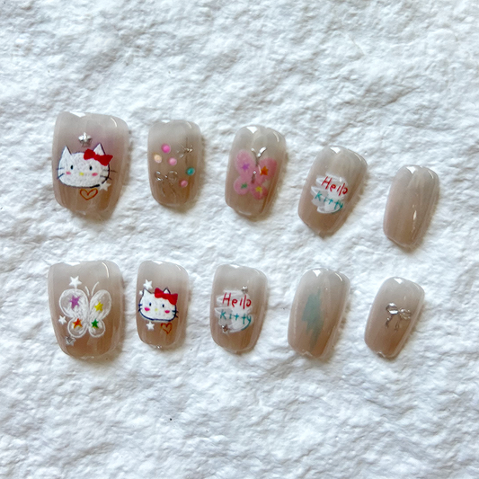 10pcs Cat Butterfly Press On Nails New Patch Snowflake Cat Eye Advanced Nail Short Detachable Nail Art