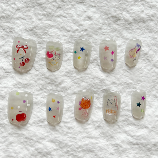 10pcs Color Lead Graffiti Art Style Press On Nails Short Cherry Bow Cute Sweet Wind Detachable