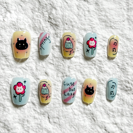 10pcs Blue Pink Cat Ultra Short Ladder Super Cute Animal Cartoon Cat Eye Press On Nails Patch