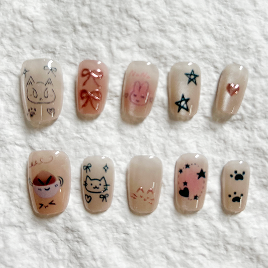 10pcs Kitten Chestnut Cake Press On Nails Cute Graffiti Nail Art Cat Eye Dyeing Nail Art Whitening