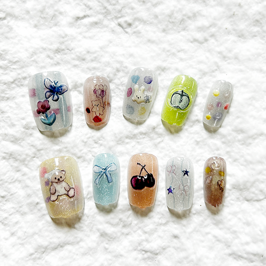 10pcs Kitten Chestnut Cake Press On Nails Cute Graffiti Nail Art Cat Eye Dyeing Nail Art Whitening