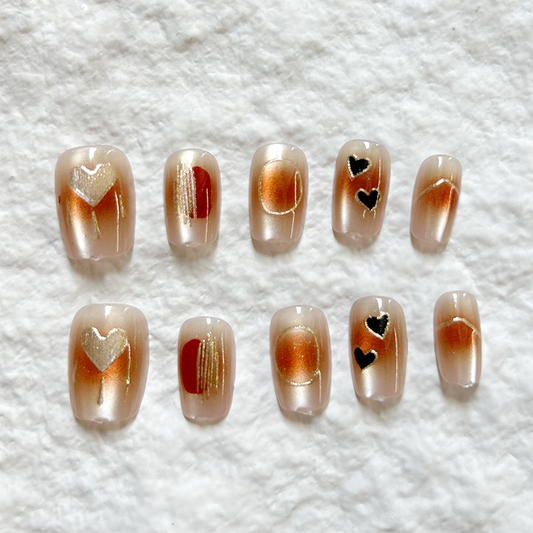 10pcs handmade Press On Nails nail stickers French cat eye Maillard brown