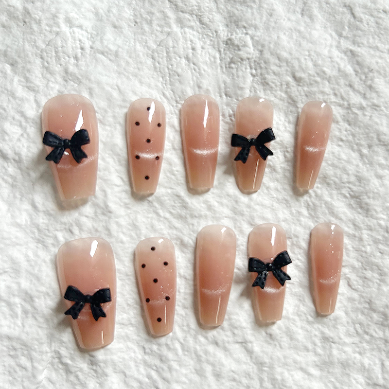 10pcs minimalist French polka dot cat eye temperament nude bow handmade Press On Nails finished nail art