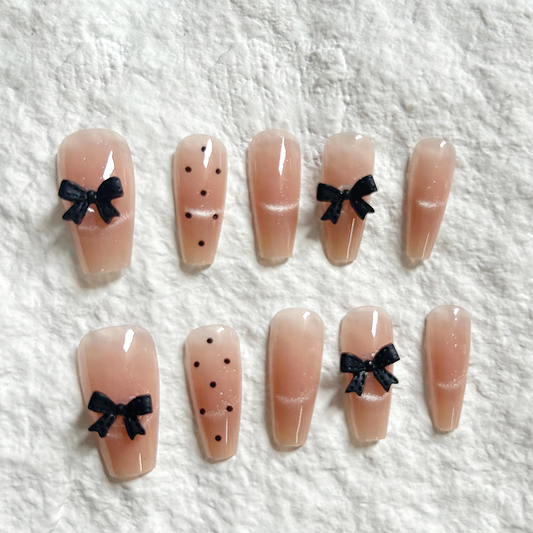 10pcs minimalist French polka dot cat eye temperament nude bow handmade Press On Nails finished nail art