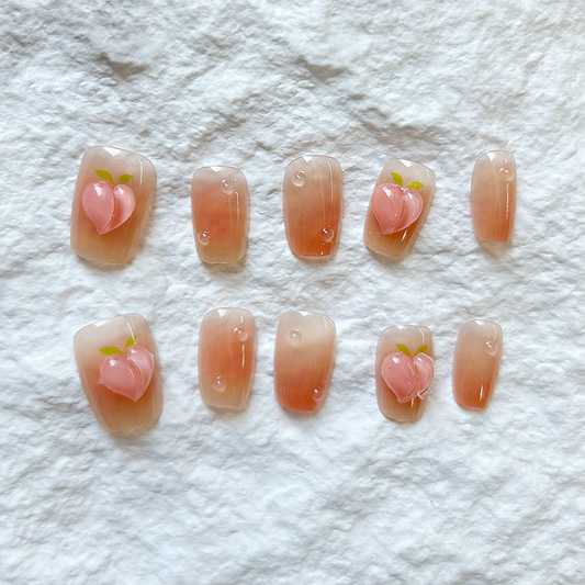 10pcs Peach Oolong Handmade Custom Fake Nail Patch Ice Transparent Gradient Detachable Press On Nails