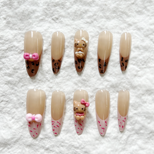 10pcs long pointed almond nail mandarin duck leopard print 3D cartoon cat Press On Nails