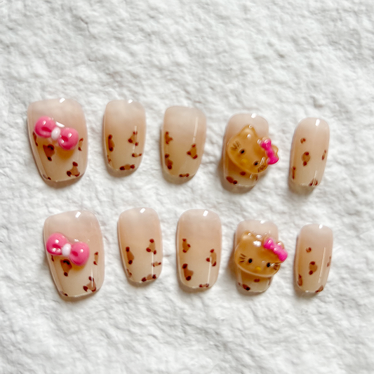 10pcs Super Cute Kitty Cat Leopard Pattern Nail Art Sweet Cool Spicy Girl Style Nail Art Pink Girl Heart Press On Nails