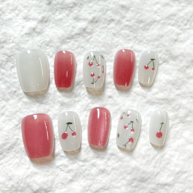 10pcs Beautiful Cherry Handmade Whitening Press On Nails Patch New Premium Fake Nail Style Relief Short Women